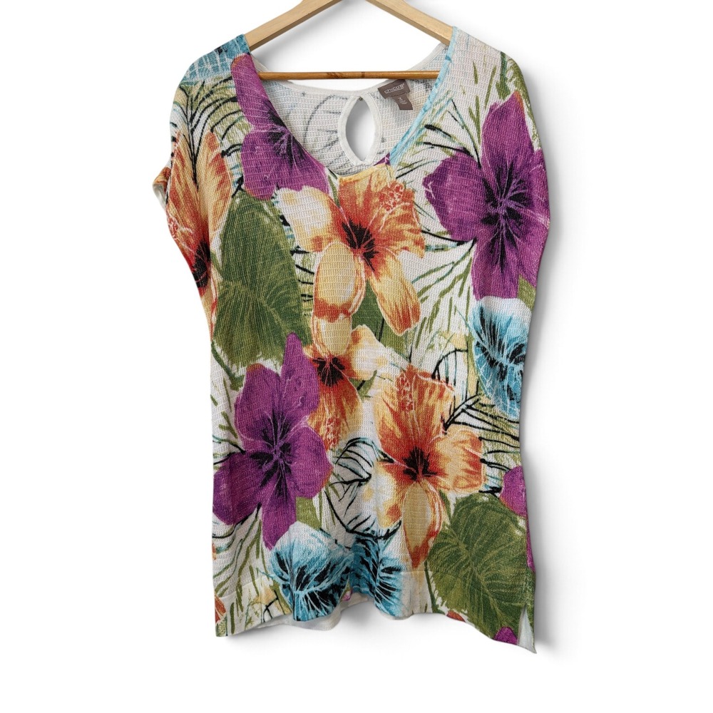 Chicos Tropical Hibiscus Waffle Knit V-Neck Top Sleeveless Purple Orange Size 3